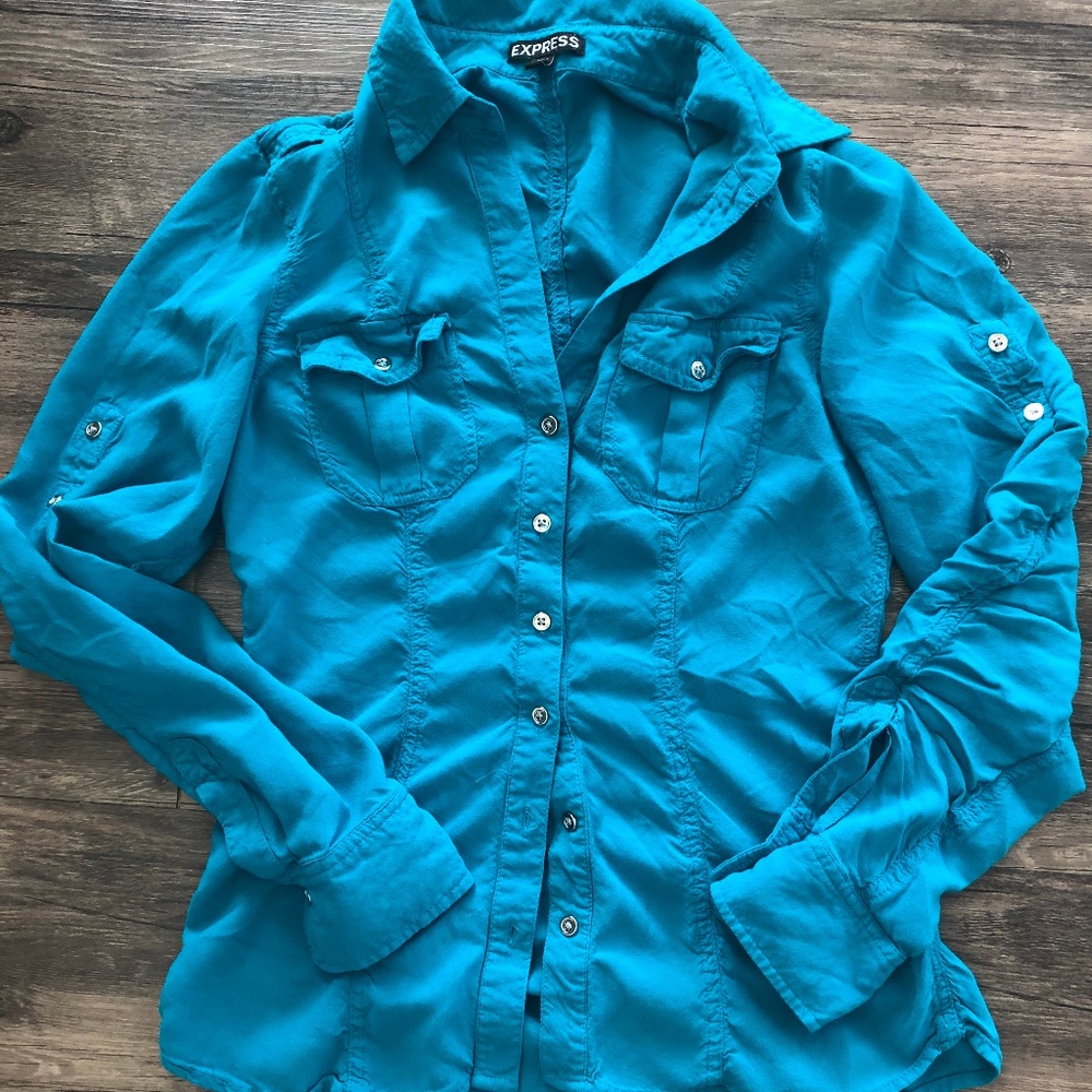 Express Teal Ruched Portifino Shirt S XS